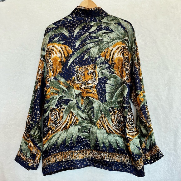 Vtg BRAVO men’s metallic silk tiger animal print gold browns button up shirt L - Picture 14 of 16